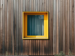 A window with a yellow frame and a blue curtain