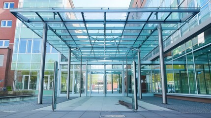 architecture entrance of a big building with glass canopy 
