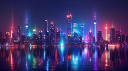 Fototapeta premium Nighttime cityscape with illuminated buildings and Pride elements around the edges, central area left blank for text