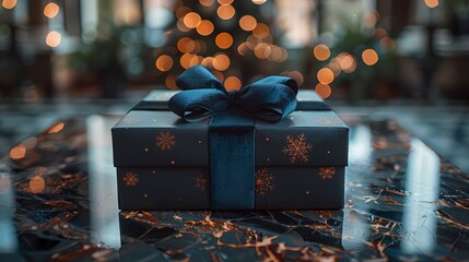 A luxurious Christmas gift mockup showcasing a glossy black gift box with a velvet ribbon and bow