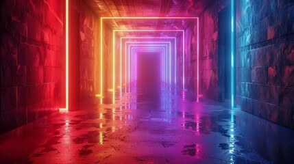 Neon lights with glowing rainbow geometric patterns around the edges, central area left blank for text