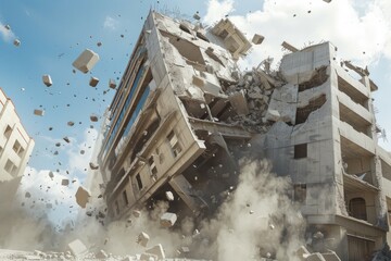 An image of a building collapsing, suitable for illustrating disasters or structural failures