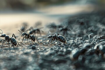 Group of ants standing in dirt, suitable for nature concepts