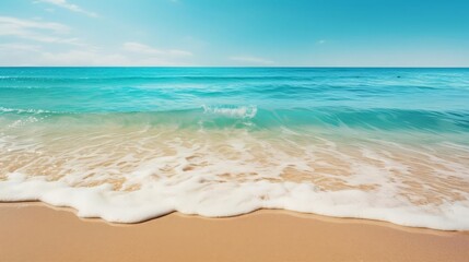 Golden sands and turquoise waters under a clear sky, selective focus, summer relaxation, whimsical, Fusion, seaside backdrop