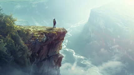 Fototapeta premium A lone hiker standing at the edge of a cliff, overlooking a vast and scenic landscape, enjoying the solitude and beauty.