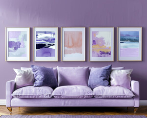 Artistic studio with a soft lilac sofa and five horizontal poster frames, each showcasing different forms of abstract expressionist art, on a muted violet wall.