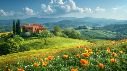 Idyllic countryside house amidst rolling green hills at sunset