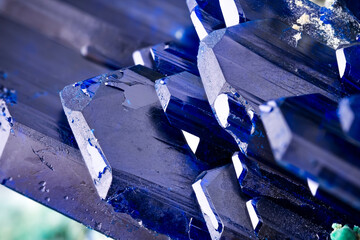Blue delicate Azurite crystals, From Congo. macro photography detail texture background. close-up...