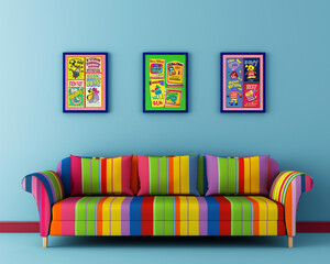 Bright childrena??s playroom with a multicolored striped sofa and three horizontal poster frames, each illustrating vibrant children's book covers, on a pastel blue wall.