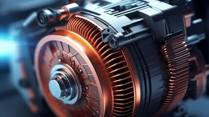 Industrial electric motor, modern engineering, close up, focus on the motor details, theme of innovation, realistic, Overlay, backdrop of grey background