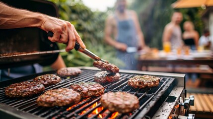 A person flipping burgers on a barbecue grill, with a group of friends in the background enjoying the outdoor gathering.