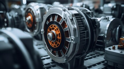 Fototapeta premium Industrial motor equipment, modern mechanics, selective focus, theme of innovation, vibrant, Fusion, backdrop of simple grey