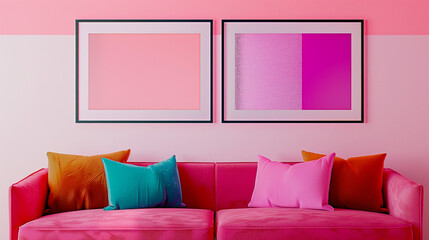 Chic urban setup with a vibrant fuchsia sofa and two horizontal poster frames showcasing modern pop art, on a pale pink wall.