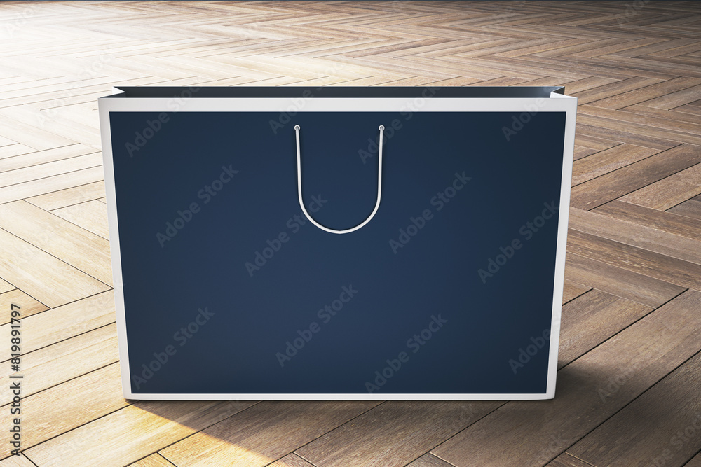 Poster a mockup of a dark blue paper shopping bag with handles, standing on a herringbone wood floor, with 