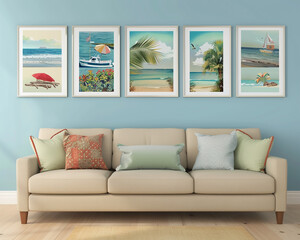 Coastal chic living area with a sand beige sofa and five horizontal poster frames, each showing...