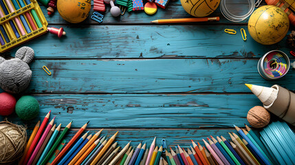 School supplies double border with Back To School written in colorful chalk with against a chalkboard background