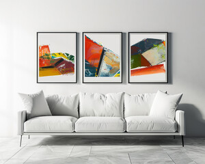 Contemporary art gallery with a sleek white sofa and three horizontal poster frames featuring abstract expressionist art, on a minimalist white wall.