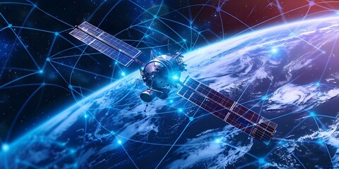 "Interconnected Satellites Transmitting Data Above Earth's Surface". Concept Space Technology, Satellite Networks, Earth Observation Systems, Global Communication, Space Exploration