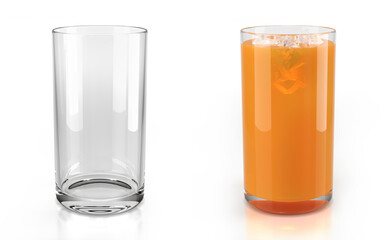 Set of glasses of fruit juice on white background. One clear empty glass and one glass with tangerine juice and ice cubes. 3d illustration