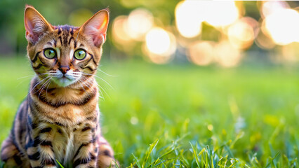 Obraz premium Bengal cat sitting on the grass with sunlight effect on blur background