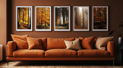 Cozy den with a burnt orange sofa and five horizontal poster frames, each with autumnal forest...