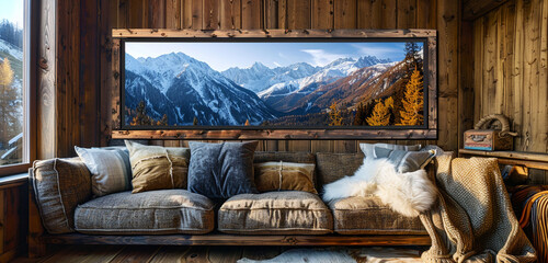 Cozy mountain cabin with a rustic tweed sofa and one horizontal poster frame displaying a panoramic...