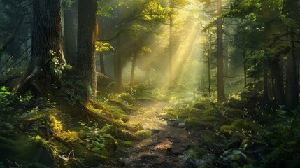 Obraz premium A trail winding through a dense forest, with sunlight streaming through the trees and creating a magical atmosphere.
