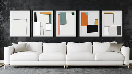 Elegant art gallery style living space with a pearl white sofa and five horizontal poster frames displaying monochrome abstract art, on a deep charcoal wall.