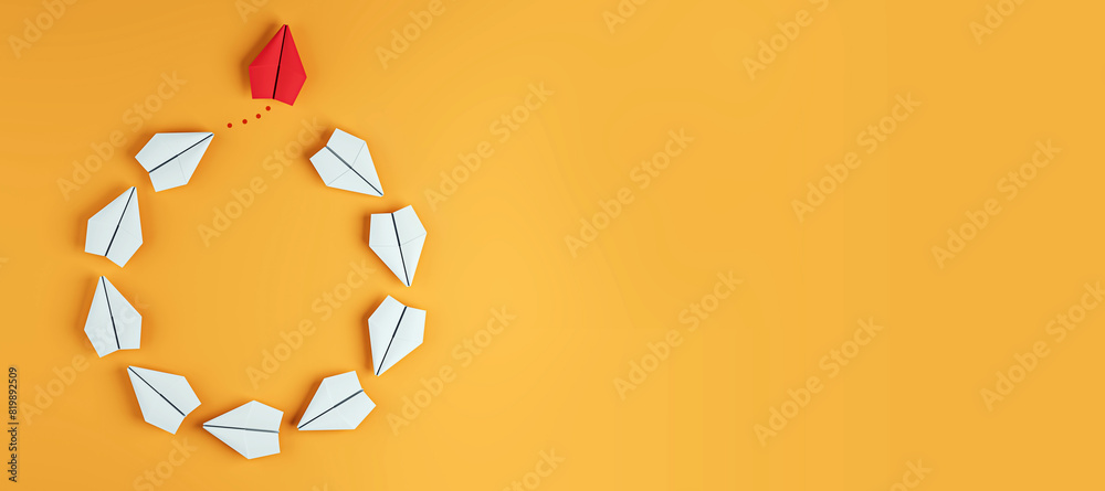Aufkleber a red paper plane leading a group of white paper planes on orange background, symbolizing leadership