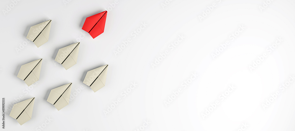 Poster Multiple paper airplanes on a white background with one red airplane leading, symbolizing leadership and uniqueness. 3D Rendering