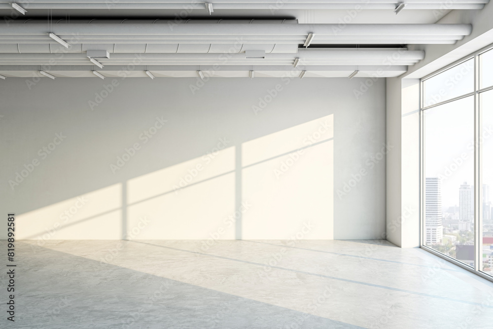 Poster an empty, modern room with sunlight casting shadows on a blank wall, large window with city view, an