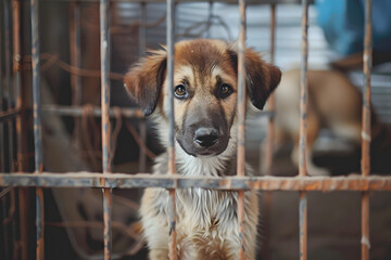 Stray homeless dog in animal shelter cage. Sad abandoned hungry dog behind old rusty grid of the cage in shelter for homeless animals. Dog adoption, rescue, help for pets AI