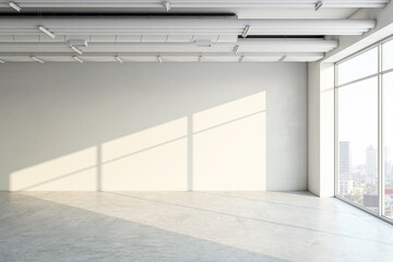 An empty, modern room with sunlight casting shadows on a blank wall, large window with city view, and marble floor. 3D Rendering