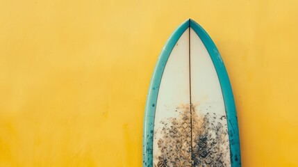 Blue and white surfboard against a yellow wall. The surfboard is old and has a lot of wax on it.