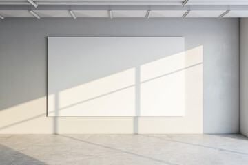 Blank white poster on a wall in an interior space with sunlight casting shadows, concept of gallery mockup. 3D Rendering