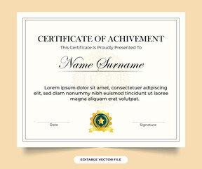Academic course and diploma certificate design with vintage frame elements. Modern credential and honor certificate design with white and golden colors. Business Achievement appreciation paper
