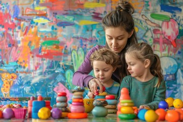 Obraz premium A woman and two children happily playing with toys. Ideal for family and childcare concepts