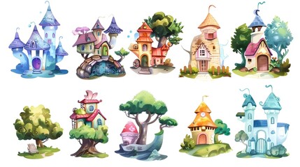 Fototapeta premium Whimsical Storybook Landscapes with Fantastical Cottages Castles and Homes in Enchanted Forest Environments