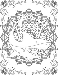 Shark on Mandala Coloring Page. Printable Coloring Worksheet for Adults and Kids. Educational Resources for School and Preschool. Mandala Coloring for Adults