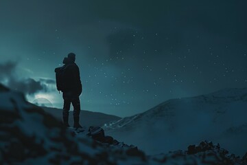 Fototapeta premium A man standing on top of a snow covered mountain. Perfect for outdoor adventure concepts
