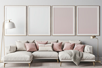 Four blank horizontal poster frames in a Scandinavian style living room with a soft pink and white theme. Frames are staggered above a modern sofa and next to a floor lamp.