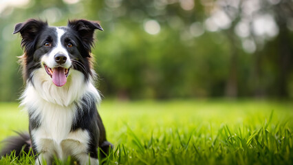 Border collie dog with a happy expression sitting on the grass