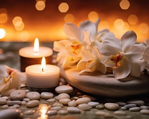 Soothing spa setup, relaxation essentials, close up, focus on pebbles and flowers, theme of calmness, vibrant, Overlay, backdrop of a warmlit spa