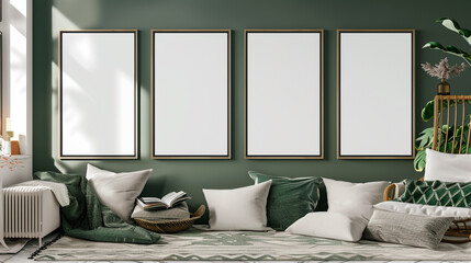 Four blank horizontal poster frames in a Scandinavian style living room with a deep green and white color palette. Frames are staggered vertically beside a cozy reading nook.