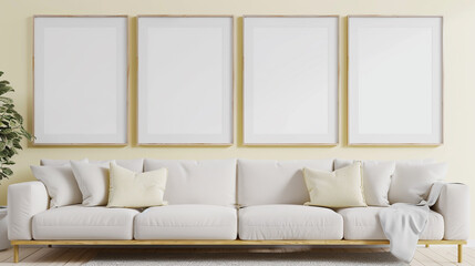 Four blank horizontal poster frames in a Scandinavian style living room with a soft yellow and white color palette. Frames are staggered above a modern, low-profile sofa.