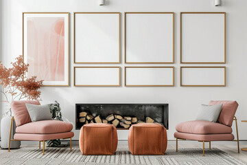 Four blank horizontal poster frames in a Scandinavian style living room with a coral and white theme. Frames are staggered vertically above a modern fireplace.