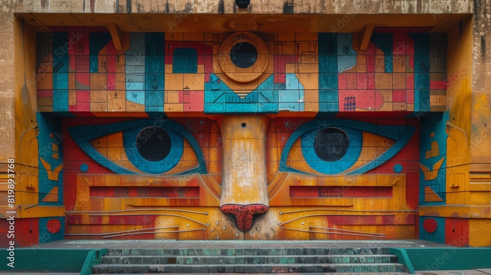 Poster A large cat face painted on a building with steps leading up to it, AI