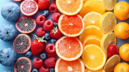 A variety of fruits are arranged in a colorful pattern, AI