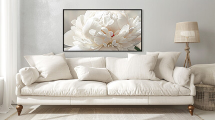 Luxurious living room with an off-white linen sofa and one horizontal poster frame featuring a high-resolution image of a white peony, on a light grey wall.