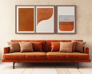 Mid-century modern living room with a burnt orange sofa and four horizontal poster frames featuring mid-century graphic art, on a beige wall.